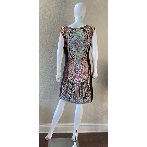 Sandra Darren Sheath Dress Ponte Stretch Lined Colorful Paisley & Black Sz 14 - Picture 2 of 6